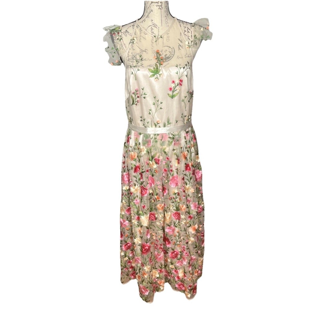 Tahari Dress Spring Summer Flower Embroidery Cold Shoulder - Picture 2 of 16